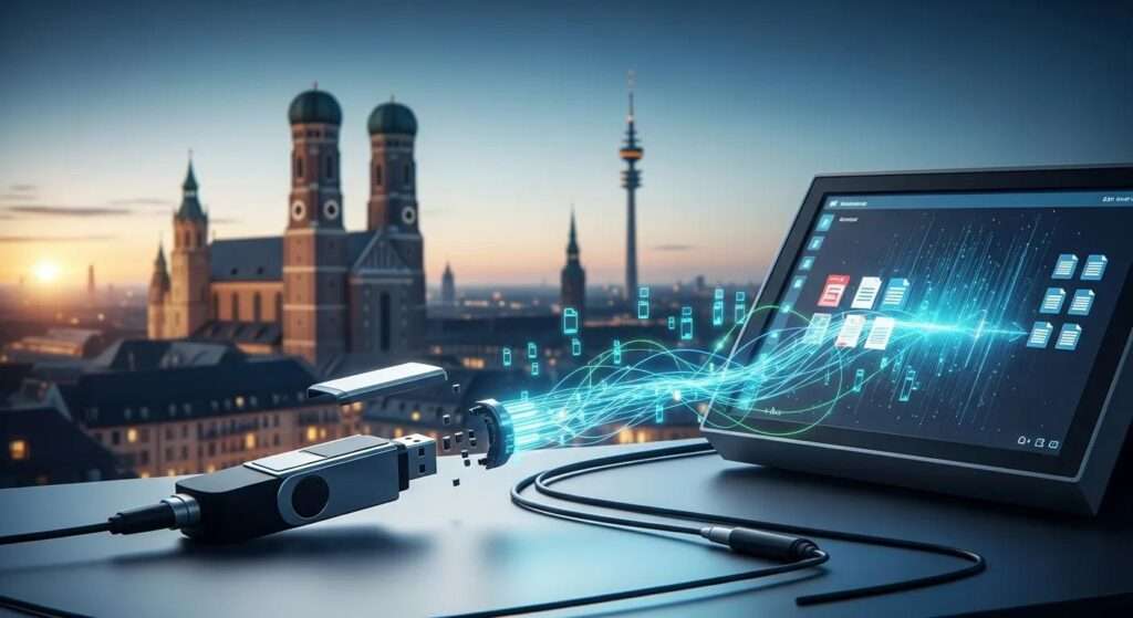 USB stick connected to a computer with data transfer visualization, Munich skyline in the background, illustrating data recovery services and technology.